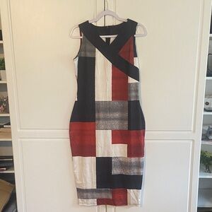 Sleeveless Geometric Colorblock Sheath Dress in Red, Black & White